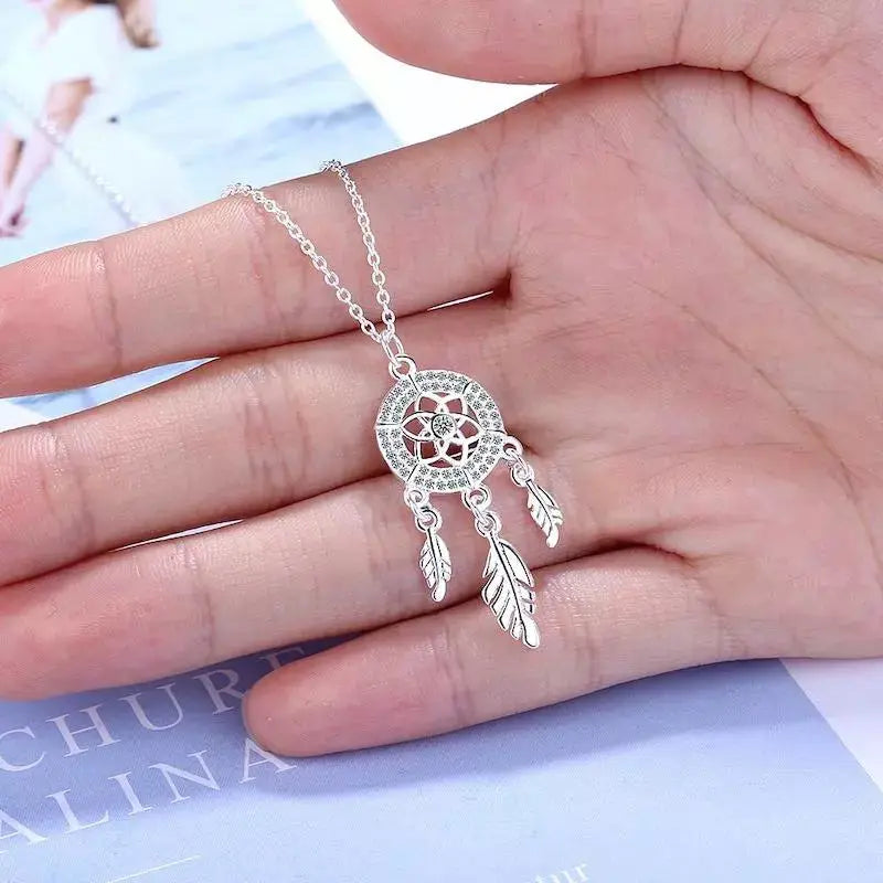 White gold dreamcatcher necklace